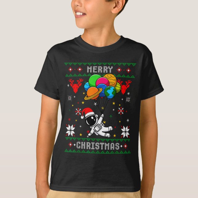 Camiseta Ugly Merry Christmas Santa Hat Tree Astronaut Hold (Frente)