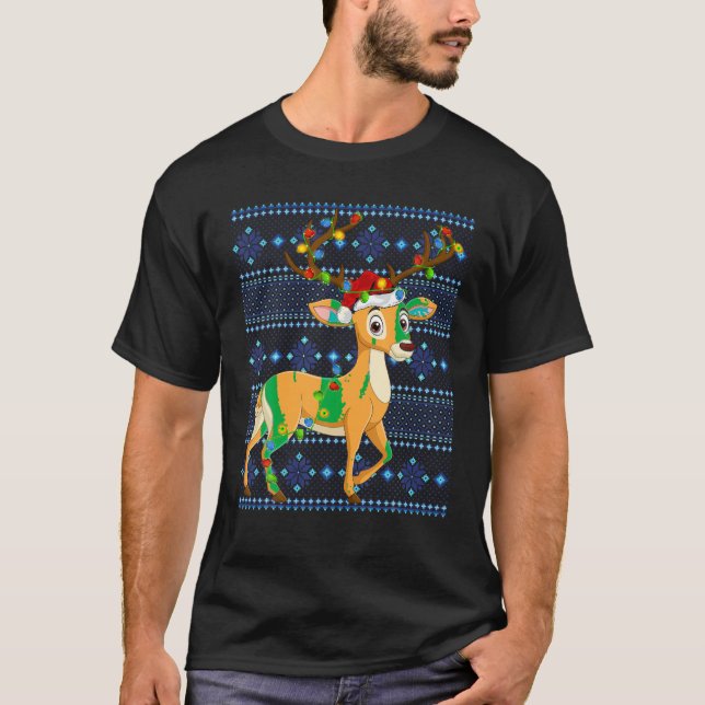 Camiseta Ugly Reindeer Sweater Holiday Xmas Lights Deer Chr (Frente)