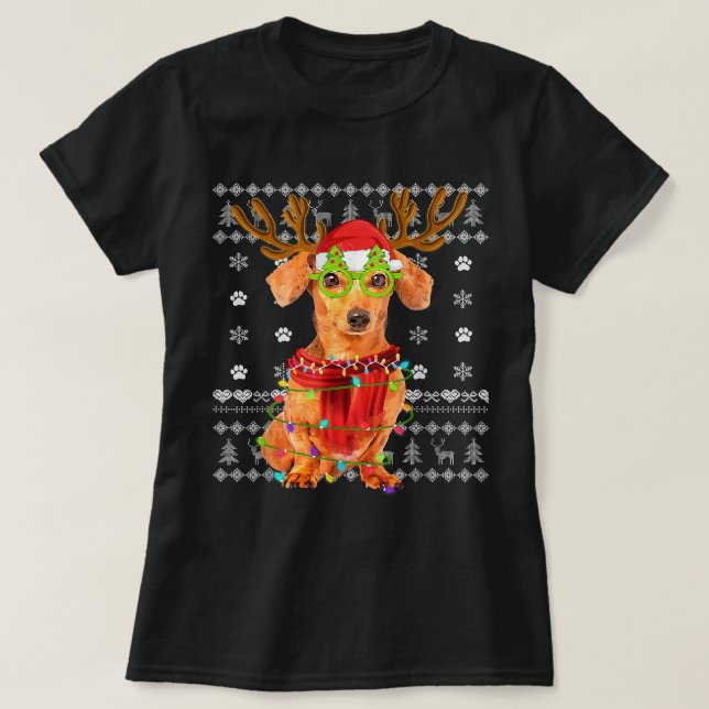 Camiseta Ugly Sweater Christmas Lights Dachshund Dog Puppy  (Frente do Design)