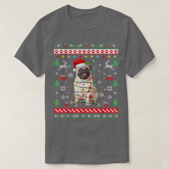 Camiseta Ugly Sweater Christmas Lights Pug Dog Lover  (Frente do Design)