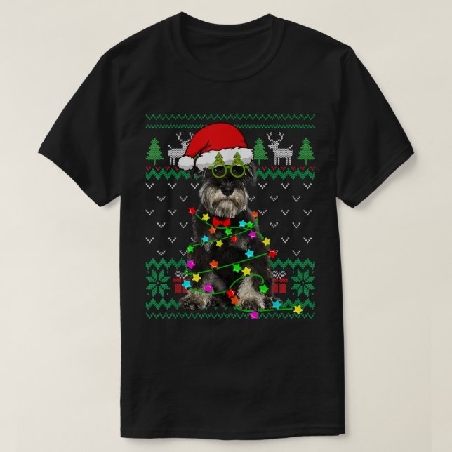 Camiseta Ugly Sweater Christmas Lights Schnauzer Dog Puppy  (Frente do Design)