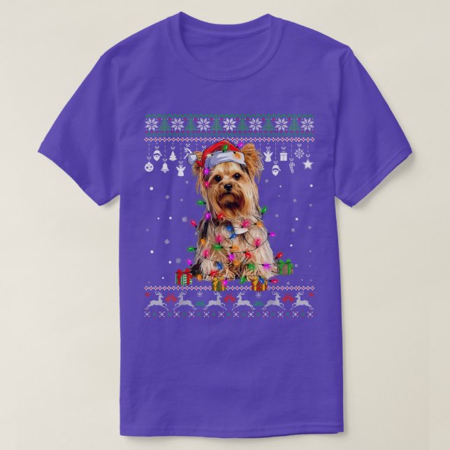 Camiseta Ugly Sweater Christmas Lights Yorkshire Terrier Do (Frente do Design)