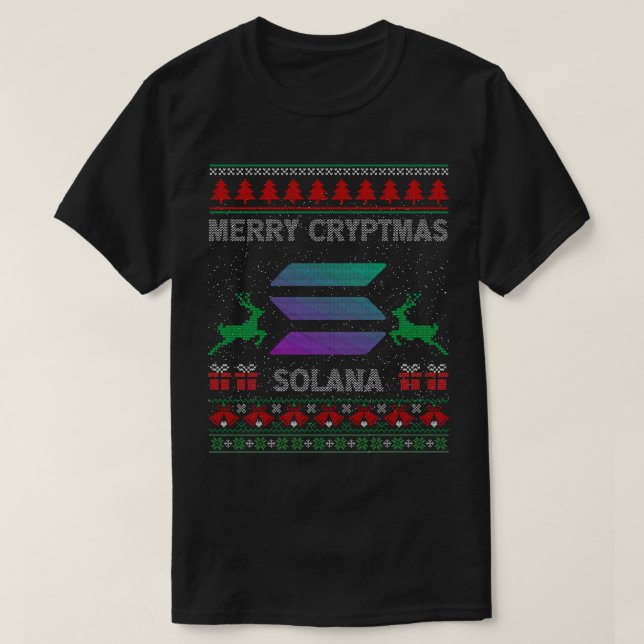 Camiseta Ugly Sweater merry cryptmas solana SOL Crypto (Frente do Design)