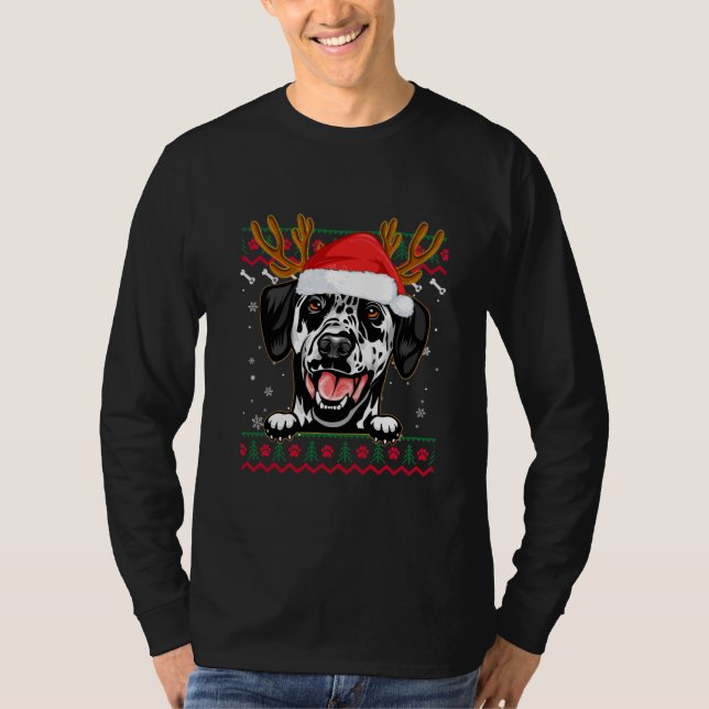 Camiseta Ugly Sweater Reindeer Santa Christmas Dalmatian (Frente)