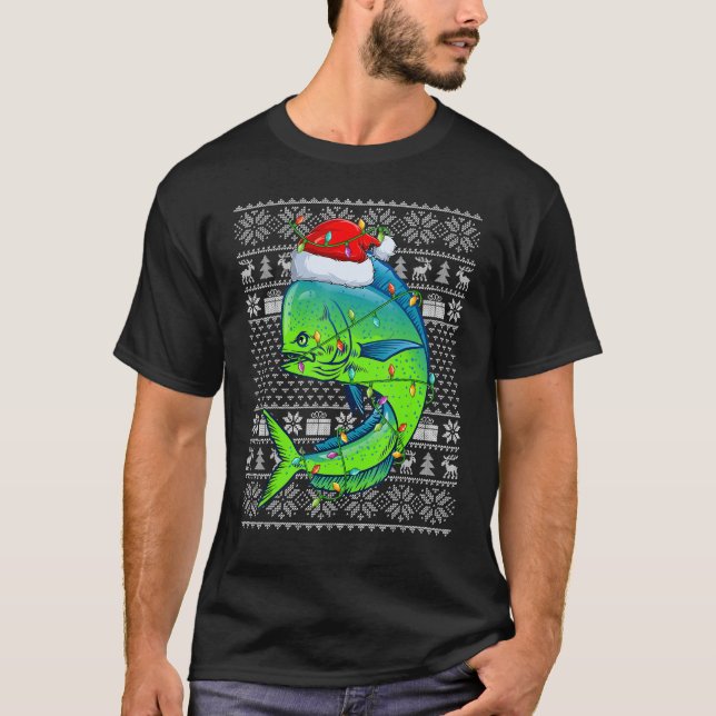 Camiseta Ugly Sweater Style Xmas Lights Mahi Mahi Fish Chri (Frente)
