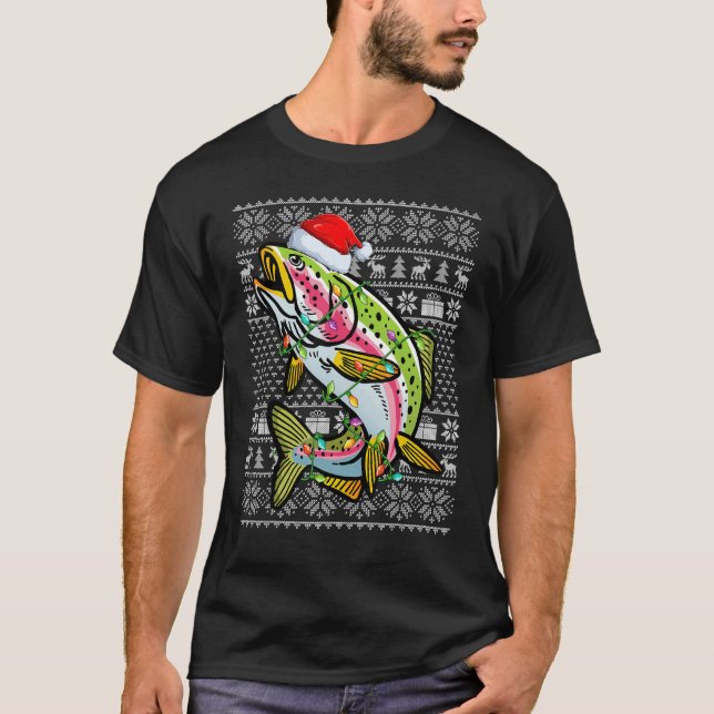 Camiseta Ugly Sweater Style Xmas Lights Rainbow Trout Fish  (Frente)
