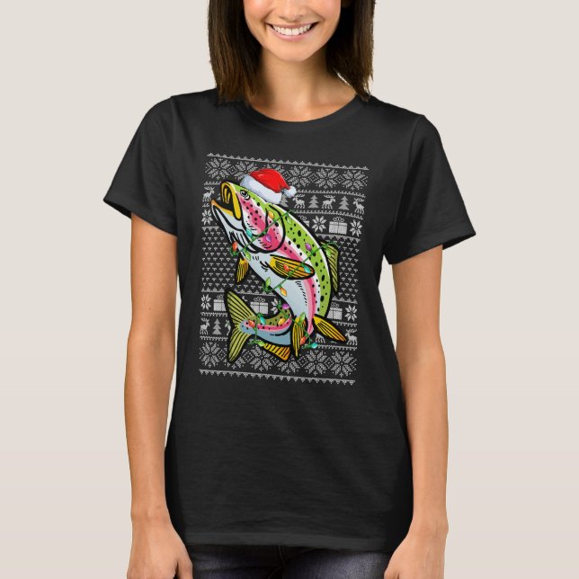 Camiseta Ugly Sweater Style Xmas Lights Rainbow Trout Fish  (Frente)