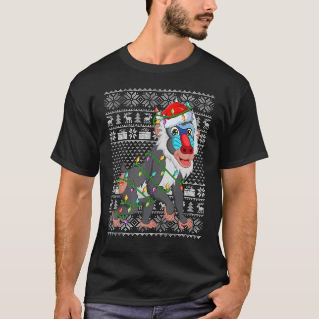 Camiseta Ugly Sweater Style Xmas Lights Santa Baboon Christ (Frente)