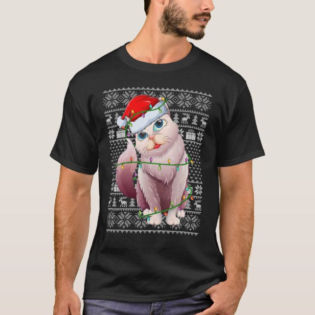 Camiseta Ugly Sweater Style Xmas Lights Santa Balinese Cat  (Frente)