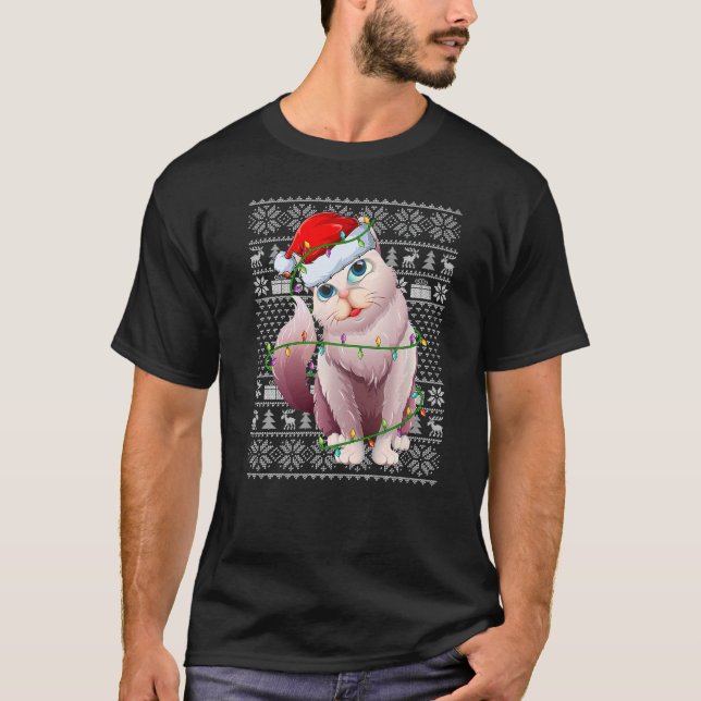 Camiseta Ugly Sweater Style Xmas Lights Santa Balinese Cat  (Frente)