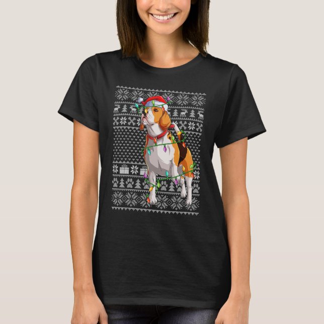 Camiseta Ugly Sweater Style Xmas Lights Santa Beagle Dog Ch (Frente)