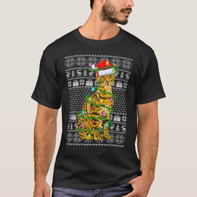 Camiseta Ugly Sweater Style Xmas Lights Santa Bengal Cat Ch (Frente)