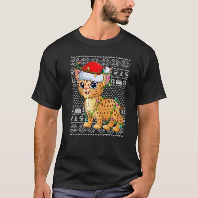 Camiseta Ugly Sweater Style Xmas Lights Santa Bobcat Christ (Frente)