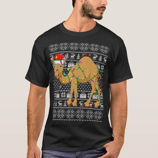 Camiseta Ugly Sweater Style Xmas Lights Santa Camel Christm (Frente)