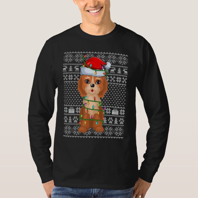 Camiseta Ugly Sweater Style Xmas Lights Santa Cockapoo Dog  (Frente)