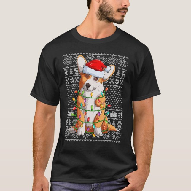 Camiseta Ugly Sweater Style Xmas Lights Santa Corgi Dog Chr (Frente)