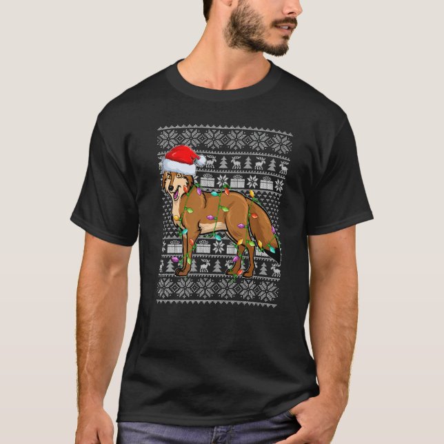 Camiseta Ugly Sweater Style Xmas Lights Santa Coyote Christ (Frente)