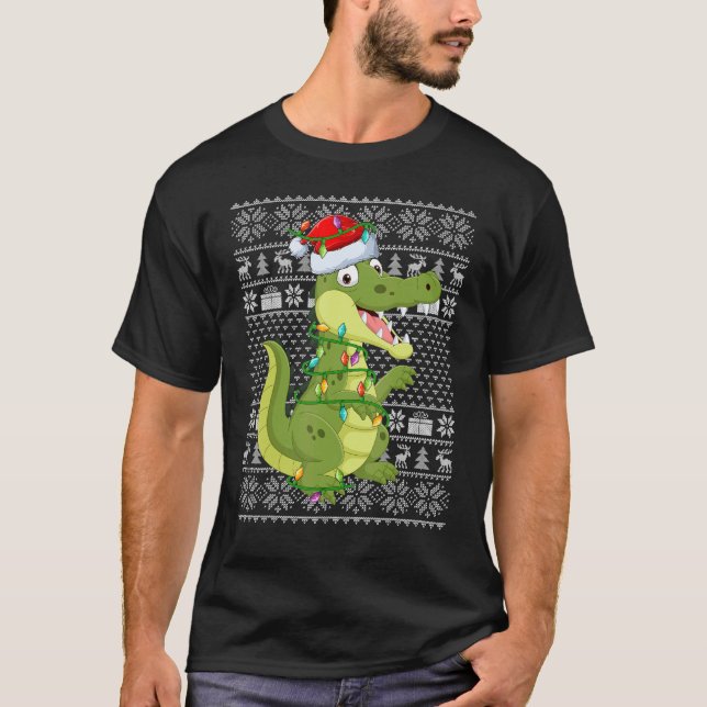 Camiseta Ugly Sweater Style Xmas Lights Santa Crocodile Chr (Frente)