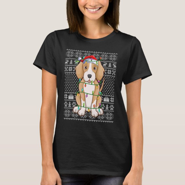 Camiseta Ugly Sweater Style Xmas Lights Santa Foxhound Dog  (Frente)