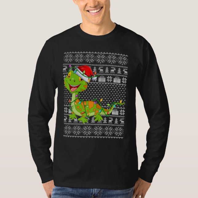 Camiseta Ugly Sweater Style Xmas Lights Santa Gecko Christm (Frente)
