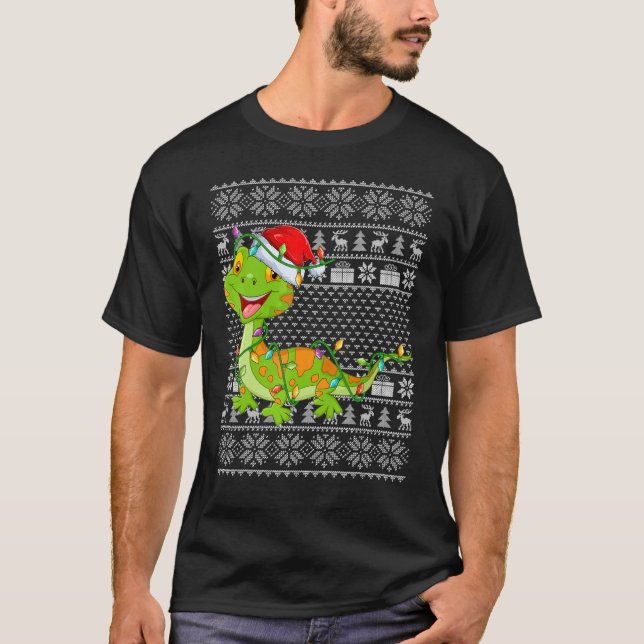 Camiseta Ugly Sweater Style Xmas Lights Santa Gecko Christm (Frente)