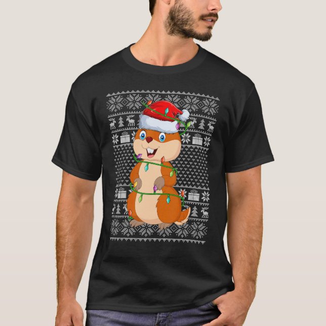 Camiseta Ugly Sweater Style Xmas Lights Santa Gopher Christ (Frente)