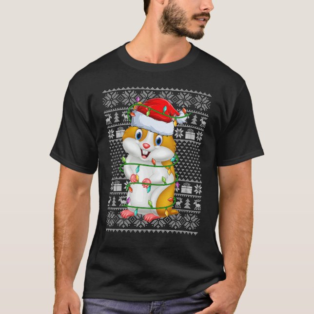 Camiseta Ugly Sweater Style Xmas Lights Santa Hamster Chris (Frente)
