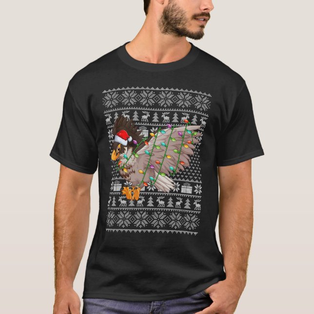 Camiseta Ugly Sweater Style Xmas Lights Santa Hawk Bird Chr (Frente)
