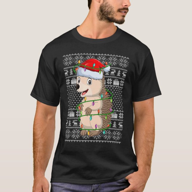Camiseta Ugly Sweater Style Xmas Lights Santa Hedgehog Chri (Frente)