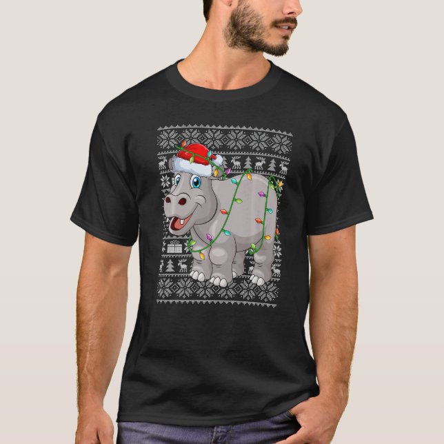 Camiseta Ugly Sweater Style Xmas Lights Santa Hippopotamus  (Frente)