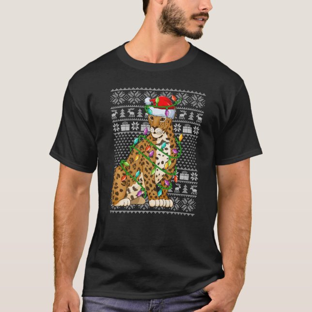 Camiseta Ugly Sweater Style Xmas Lights Santa Jaguar Christ (Frente)