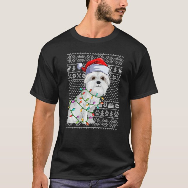 Camiseta Ugly Sweater Style Xmas Lights Santa Maltese Dog C (Frente)