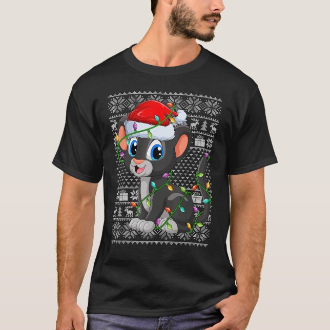 Camiseta Ugly Sweater Style Xmas Lights Santa Panther Chris (Frente)