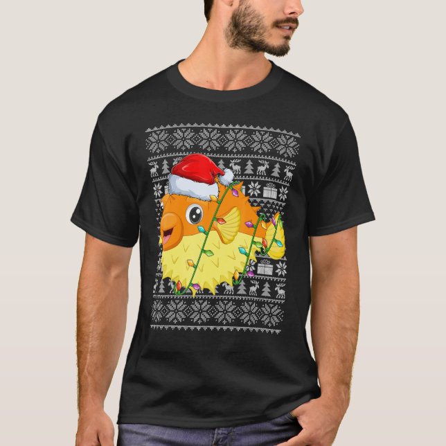 Camiseta Ugly Sweater Style Xmas Lights Santa Puffer Fish C (Frente)