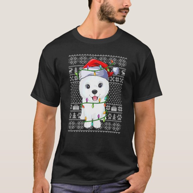 Camiseta Ugly Sweater Style Xmas Lights Santa Samoyed Dog C (Frente)
