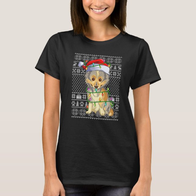 Camiseta Ugly Sweater Style Xmas Lights Santa Sheltie Dog C (Frente)