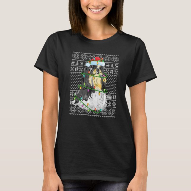 Camiseta Ugly Sweater Style Xmas Lights Santa Shih Tzu Dog  (Frente)