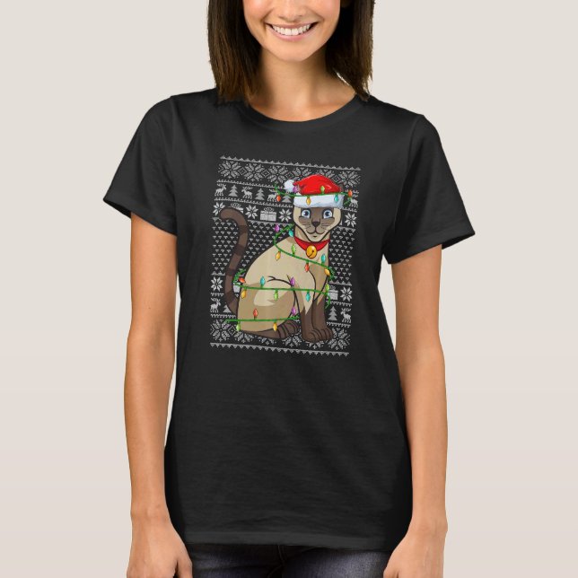 Camiseta Ugly Sweater Style Xmas Lights Santa Siamese Cat C (Frente)