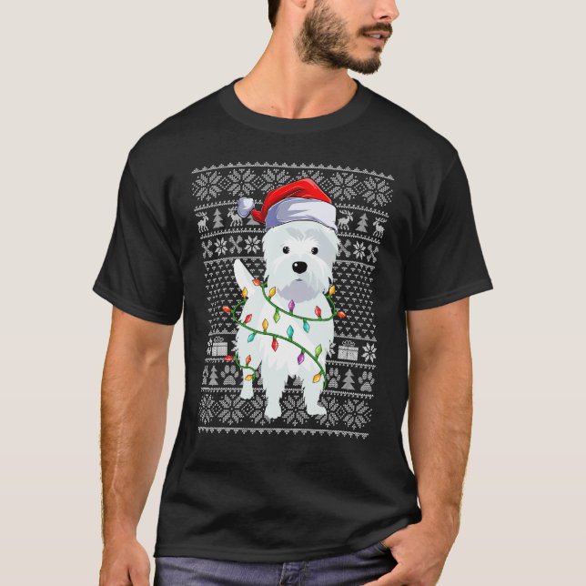 Camiseta Ugly Sweater Style Xmas Lights Santa Westie Dog Ch (Frente)