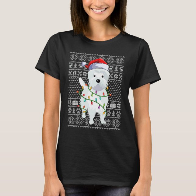 Camiseta Ugly Sweater Style Xmas Lights Santa Westie Dog Ch (Frente)