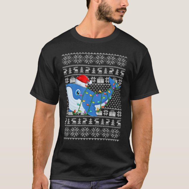 Camiseta Ugly Sweater Style Xmas Lights Santa Whale Christm (Frente)