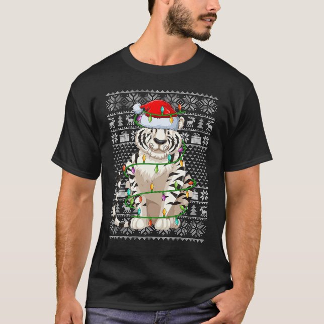 Camiseta Ugly Sweater Style Xmas Lights Santa White Tiger C (Frente)