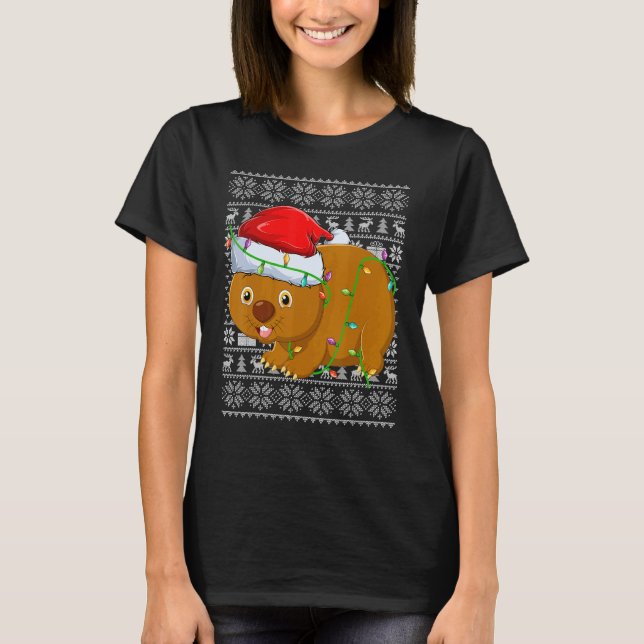 Camiseta Ugly Sweater Style Xmas Lights Santa Wombat Christ (Frente)