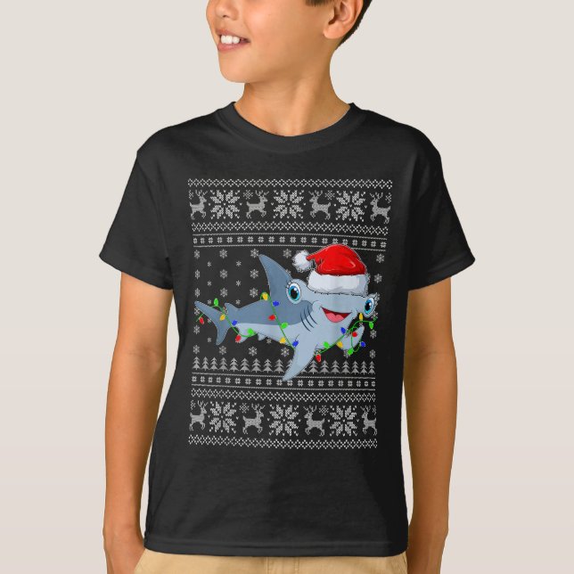 Camiseta Ugly Sweater Xmas Lights Santa Hammerhead Shark Ch (Frente)