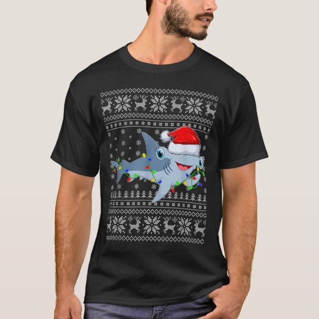 Camiseta Ugly Sweater Xmas Lights Santa Hammerhead Shark Ch (Frente)