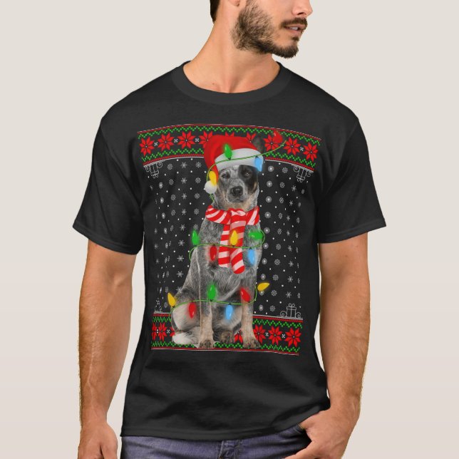 Camiseta Ugly Xmas Dog Lights Santa Hat Blue Heeler Dog Chr (Frente)