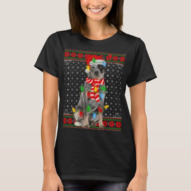 Camiseta Ugly Xmas Dog Lights Santa Hat Blue Heeler Dog Chr (Frente)