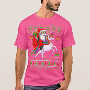 Camiseta Ugly Xmas Engraçado Papai Noel Andando no Unicórni