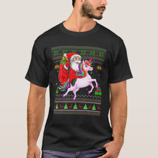 Camiseta Ugly Xmas Engraçado Papai Noel Andando no Unicórni
