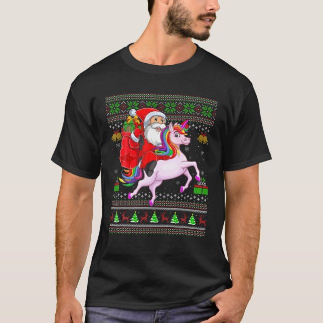 Camiseta Ugly Xmas Engraçado Papai Noel Andando no Unicórni (Frente)